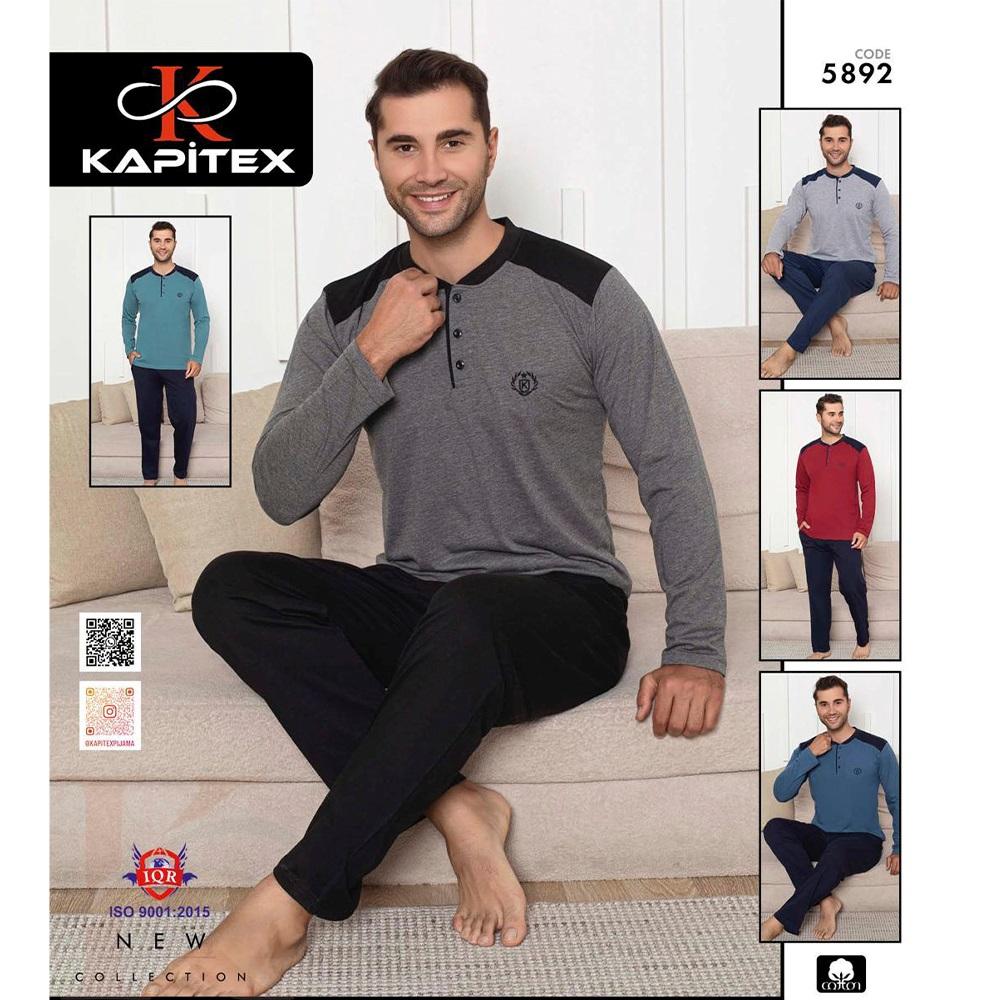 Kapitex 5892 Erkek Cotton 3 Düğmeli Omuz Parçalı Uzun Kollu Pijama Takımı M-2XL