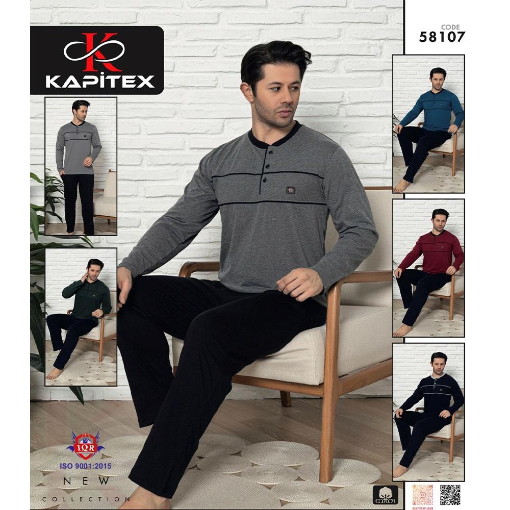 Kapitex 58107 Erkek Cotton Arabiyeli Armali 3 Düğmeli Uzun Kollu Pijama Takımı M-2XL