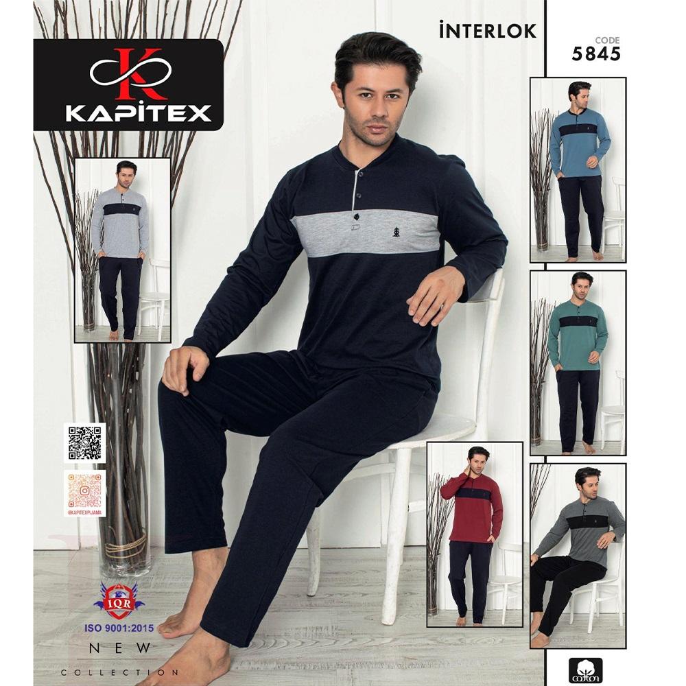 Kapitex 5845 Erkek Cotton Parçalı 3 Düğmeli Uzun Kollu Pijama Takımı M-2XL