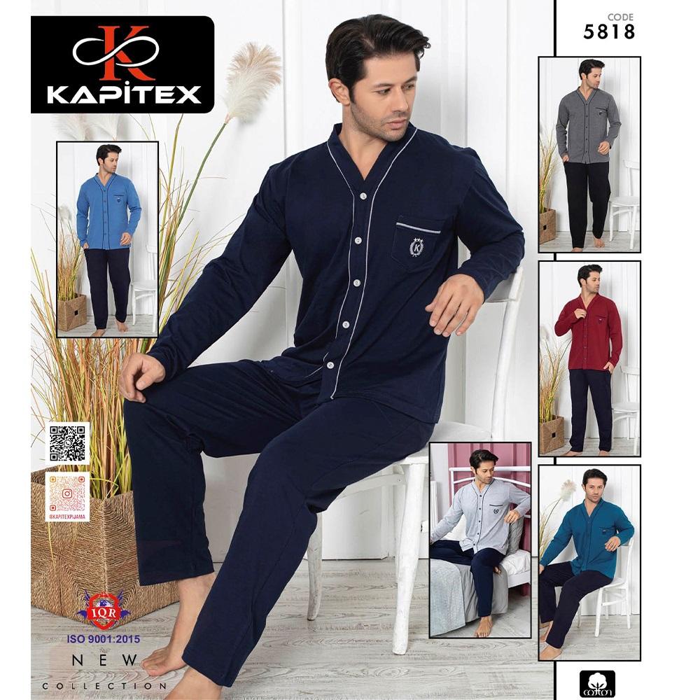 Kapitex 5818 Erkek Cotton Boydan Düğmeli Uzun Kollu Pijama Takımı M-2XL