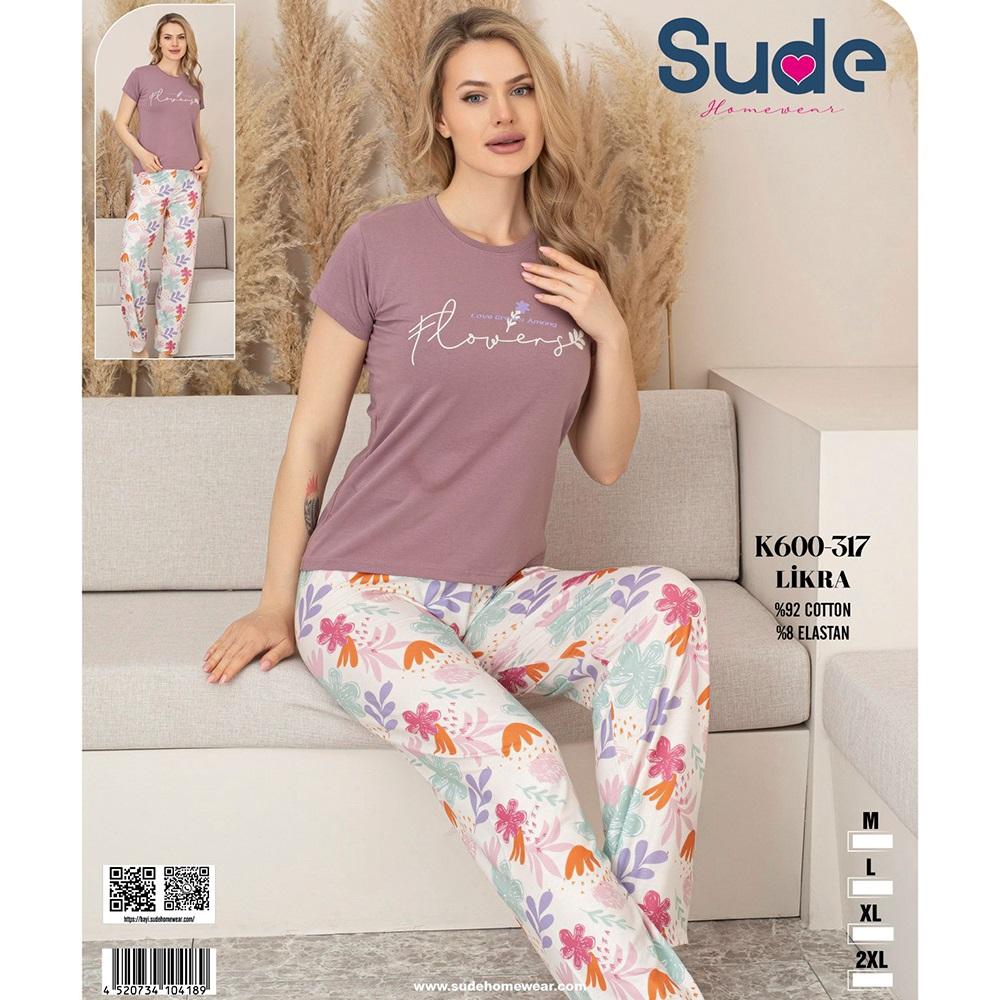 Sude K600-317 Bayan Cotton Likralı Desenli Kısa Kol Pijama Takımı M-2XL - Karışık Renk - M-L-XL-2XL