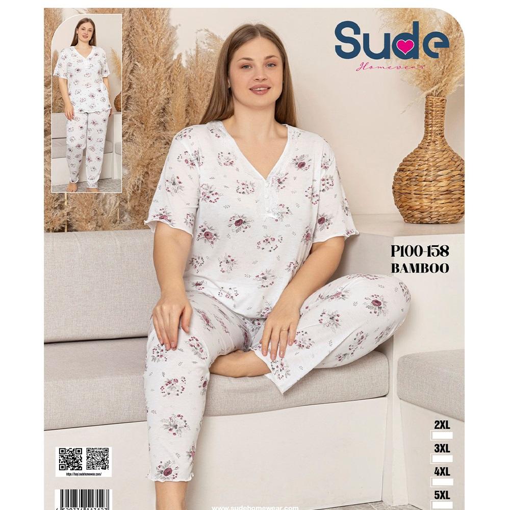 Sude P100-158 Bayan Battal Bambu Desenli Kısa Kol Pijama Takımı 2XL-5XL - Karışık Renk - 2XL-3XL-4XL-5XL