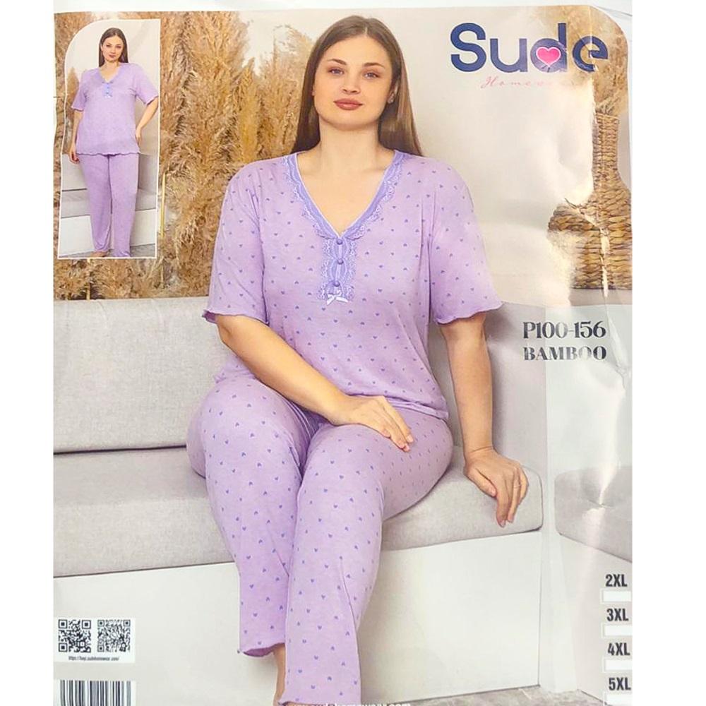 Sude P100-156 Bayan Battal Bambu Desenli Kısa Kol Pijama Takımı 2XL-5XL
