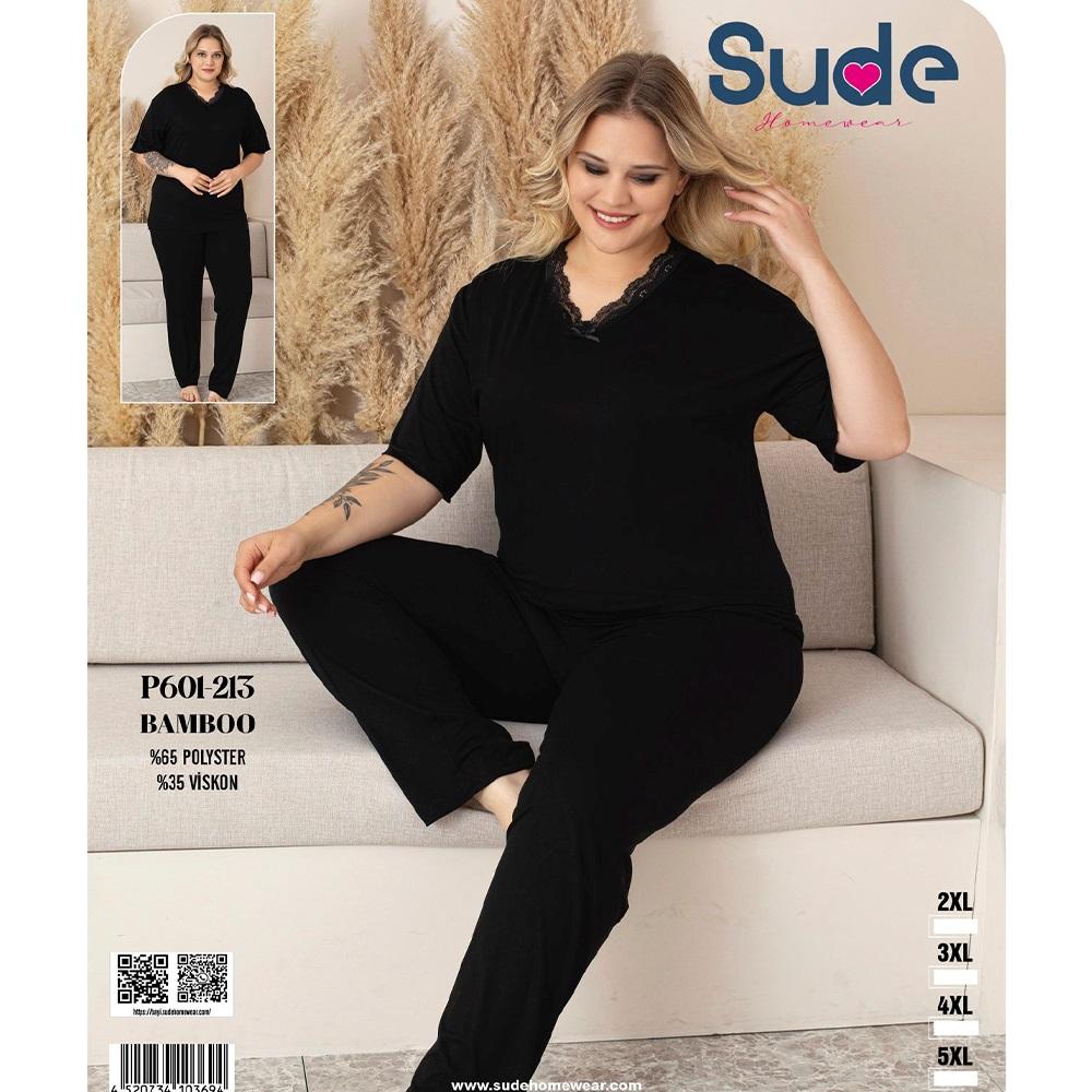 Sude P601-213 Bayan Battal Bambu Desenli Kısa Kol Pijama Takımı 2XL-5XL - Karışık Renk - 2XL-3XL-4XL-5XL