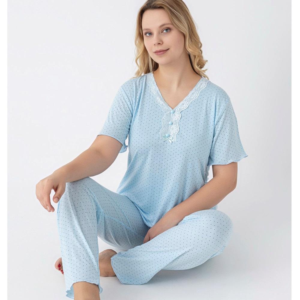 Sude P100-155 Bayan Battal Bambu Desenli Kısa Kol Pijama Takımı 2XL-5XL - Karışık Renk - 2XL-3XL-4XL-5XL