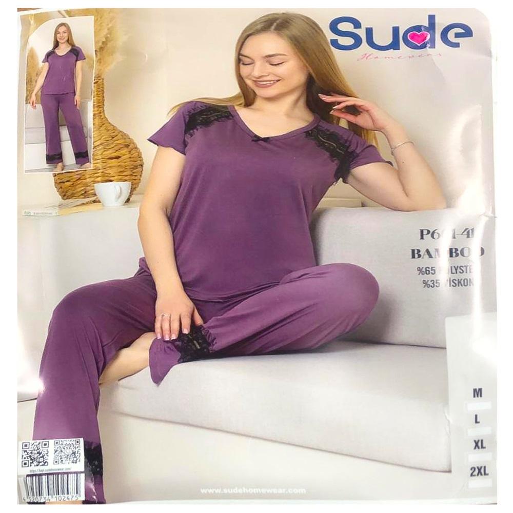 Sude P601-45 Bayan Battal Bambu Desenli Kısa Kol Pijama Takımı 2XL-5XL