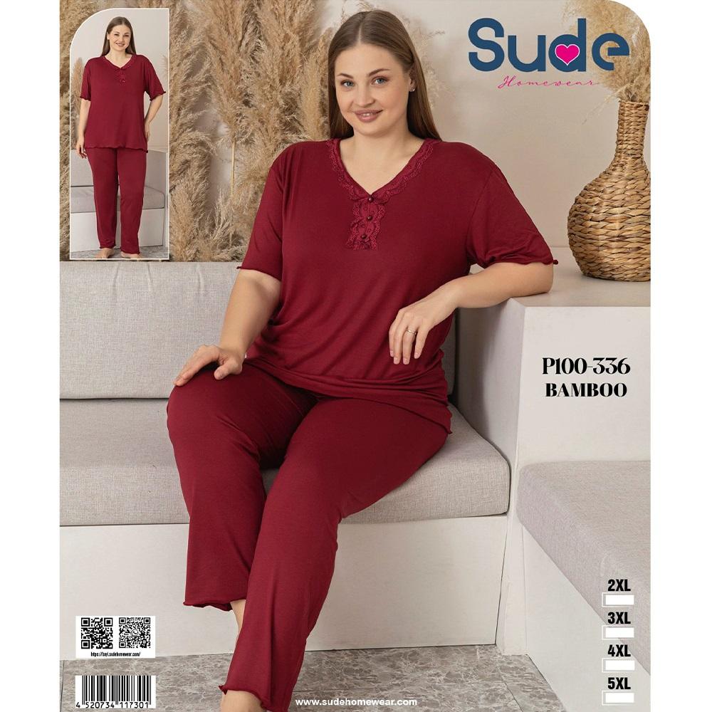 Sude P100-336 Bayan Battal Bambu Desenli Kısa Kol Pijama Takımı 2XL-5XL