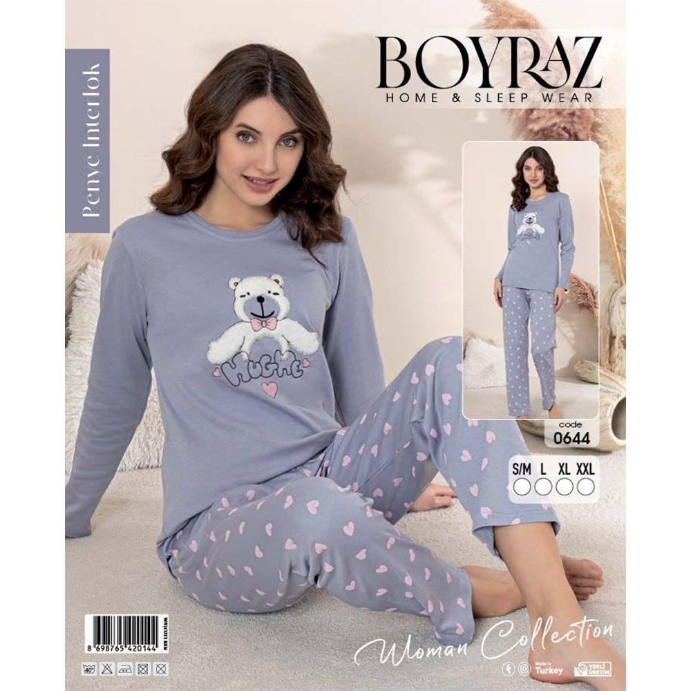 Boyraz 0644 Bayan Penye İnterlok Desenli Uzun Kollu Pijama Takımı S-2XL