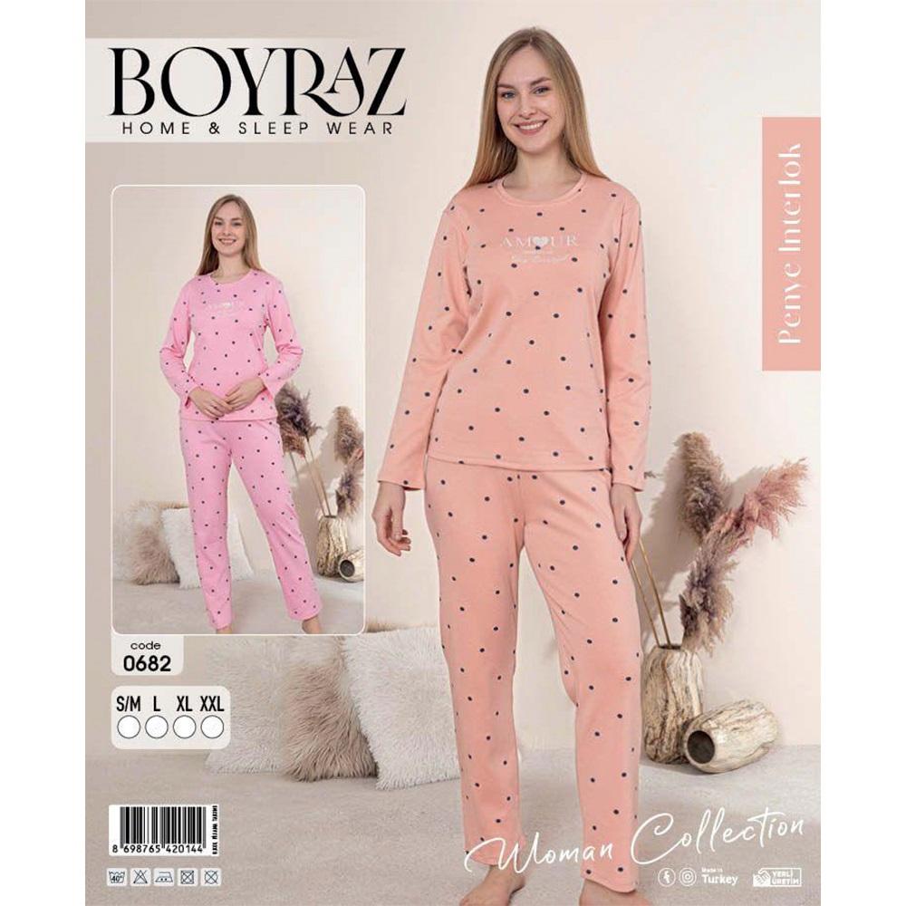 Boyraz 0682 Bayan Penye İnterlok Desenli Uzun Kollu Pijama Takımı S-2XL - 41099-Karışık Ren-S\M-L-XL-2XL