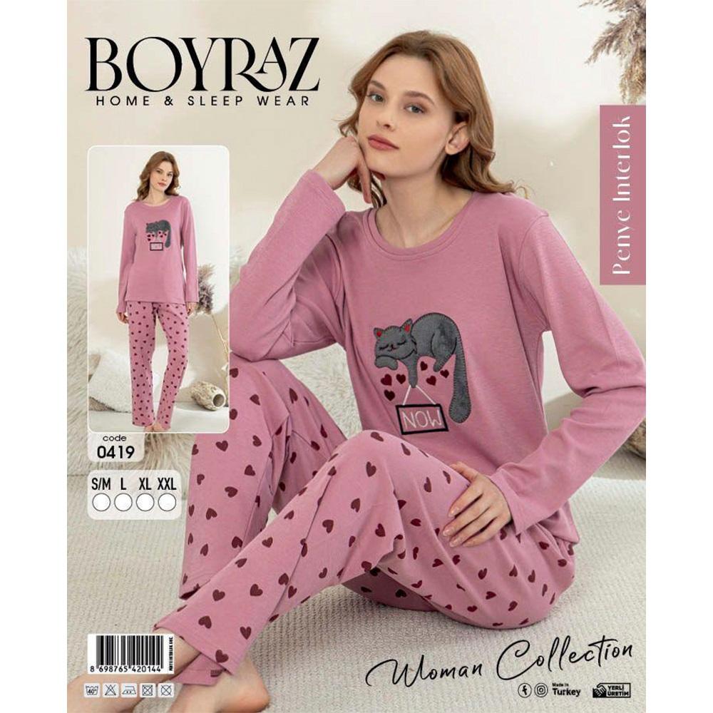 Boyraz 0419 Bayan Penye İnterlok Desenli Uzun Kollu Pijama Takımı S-2XL