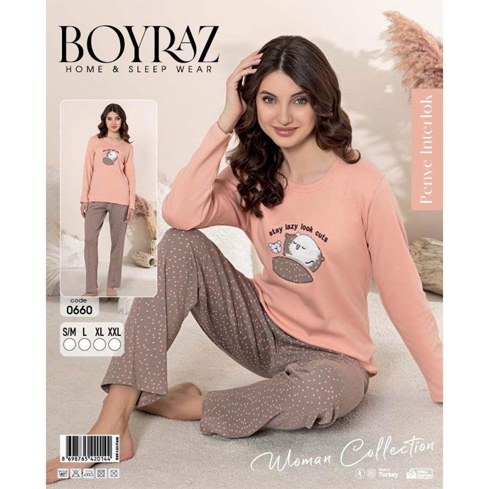 Boyraz 0660 Bayan Penye İnterlok Desenli Uzun Kollu Pijama Takımı S-2XL