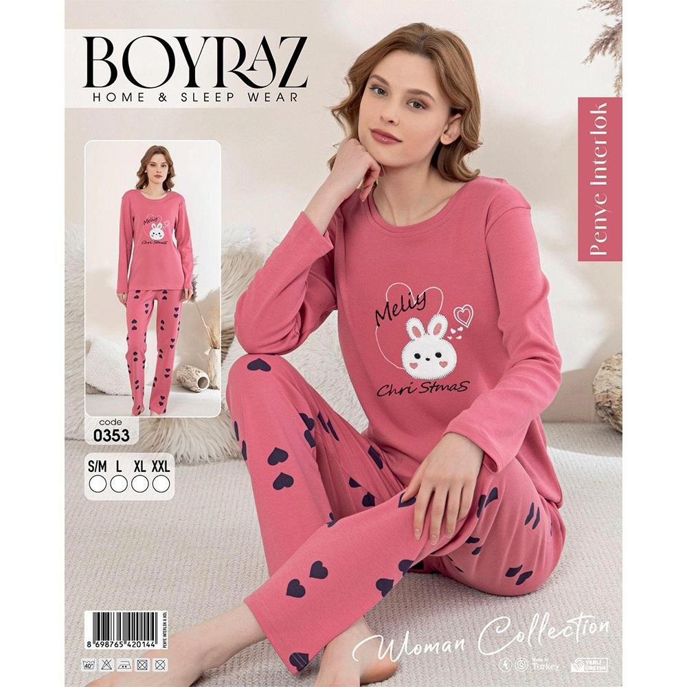 Boyraz 0353 Bayan Penye İnterlok Desenli Uzun Kollu Pijama Takımı S-2XL - 41104-Karışık Ren-S\M-L-XL-2XL