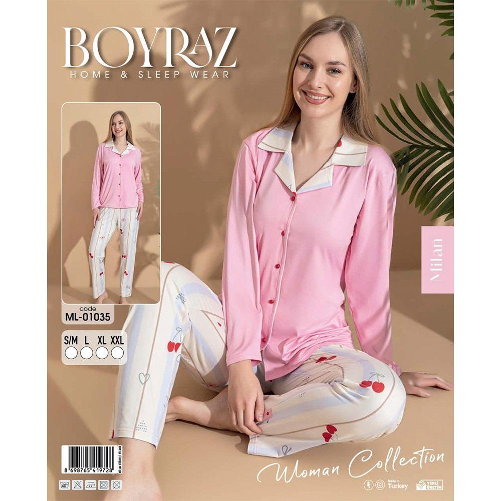 Boyraz 01035 Bayan Milan Desenli Uzun Kollu Ceket Yakalı Pijama Takımı S-2XL - 41106-Karışık Ren-S\M-L-XL-2XL