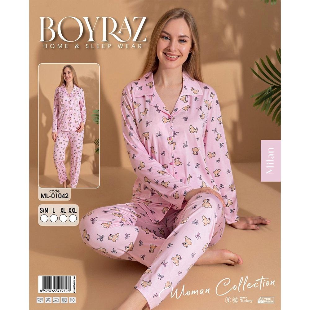 Boyraz 01042 Bayan Milan Desenli Uzun Kollu Ceket Yakalı Pijama Takımı S-2XL