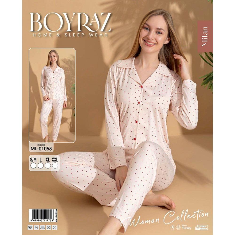 Boyraz 01058 Bayan Milan Desenli Uzun Kollu Ceket Yakalı Pijama Takımı S-2XL - 41108-Karışık Ren-S\M-L-XL-2XL