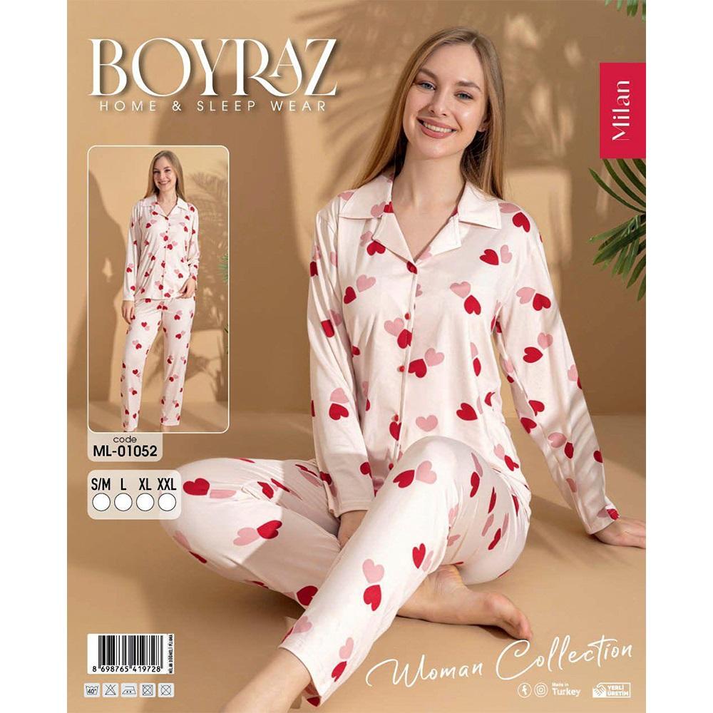 Boyraz 01052 Bayan Milan Desenli Uzun Kollu Ceket Yakalı Pijama Takımı S-2XL
