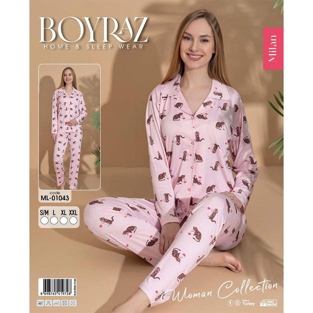 Boyraz 01043 Bayan Milan Desenli Uzun Kollu Ceket Yakalı Pijama Takımı S-2XL - 41112-Karışık Ren-S\M-L-XL-2XL