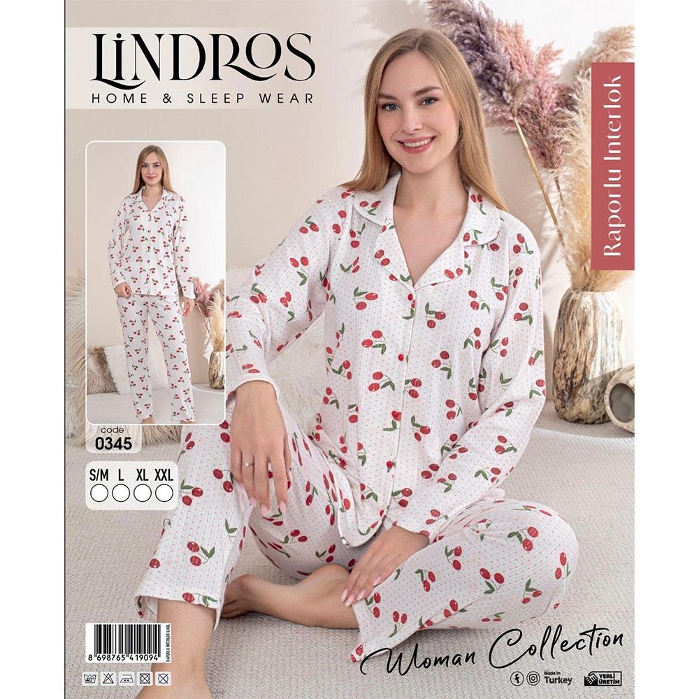 Lindros 0345 Bayan Raporlu İnterlok Düğmeli Desenli Uzun Kollu Pijama Takımı S-2XL