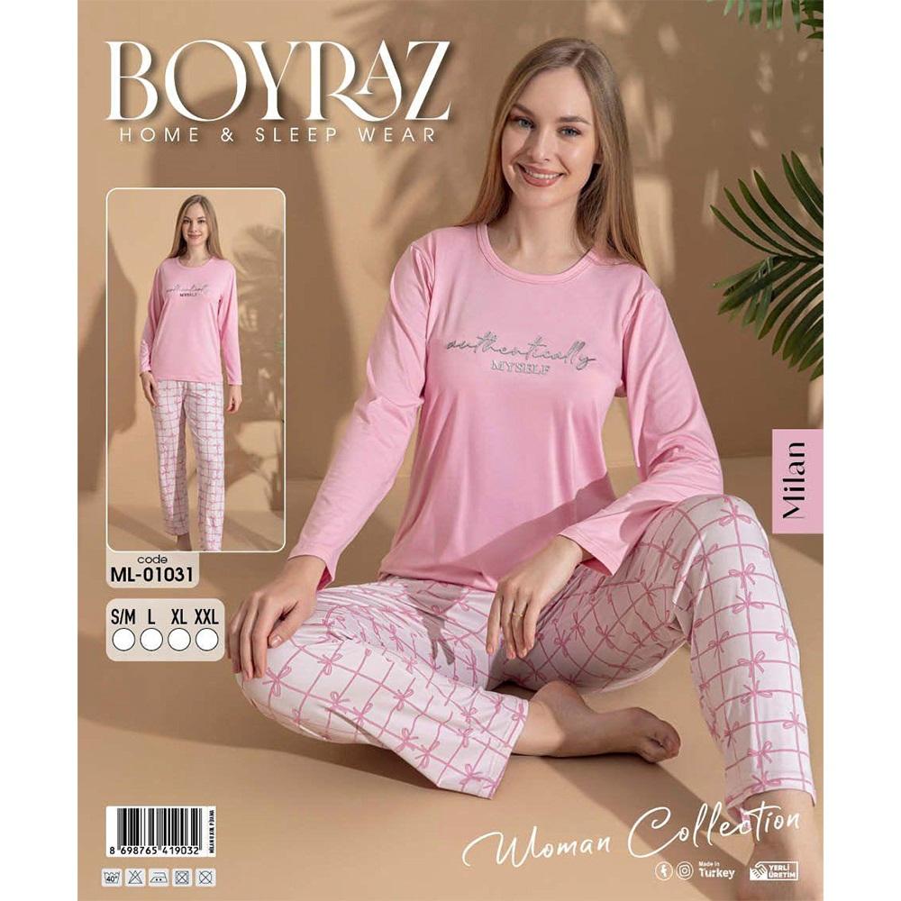 Boyraz Ml-01031 Bayan Milan Desenli Uzun Kollu Pijama Takımı S-2XL - 41117-Karışık Ren-S\M-L-XL-2XL
