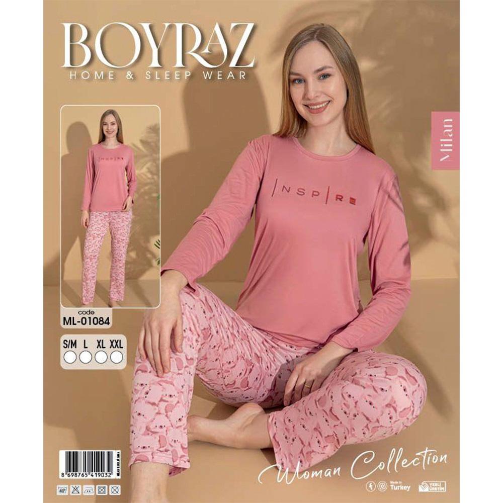 Boyraz Ml-01084 Bayan Milan Desenli Uzun Kollu Pijama Takımı S-2XL