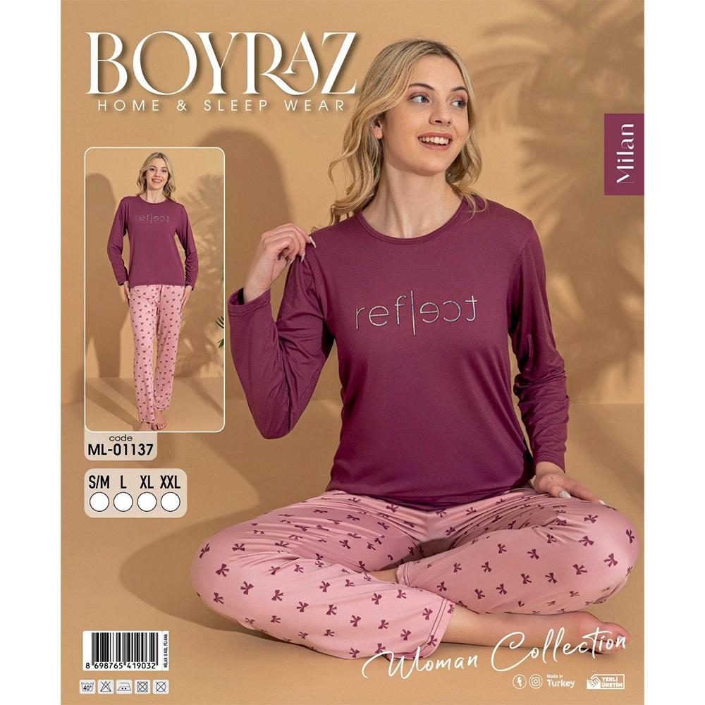 Boyraz Ml-01137 Bayan Milan Desenli Uzun Kollu Pijama Takımı S-2XL