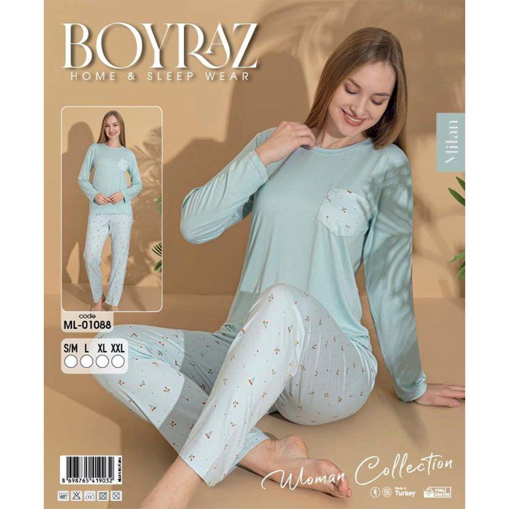 Boyraz Ml-01088 Bayan Milan Desenli Uzun Kollu Pijama Takımı S-2XL