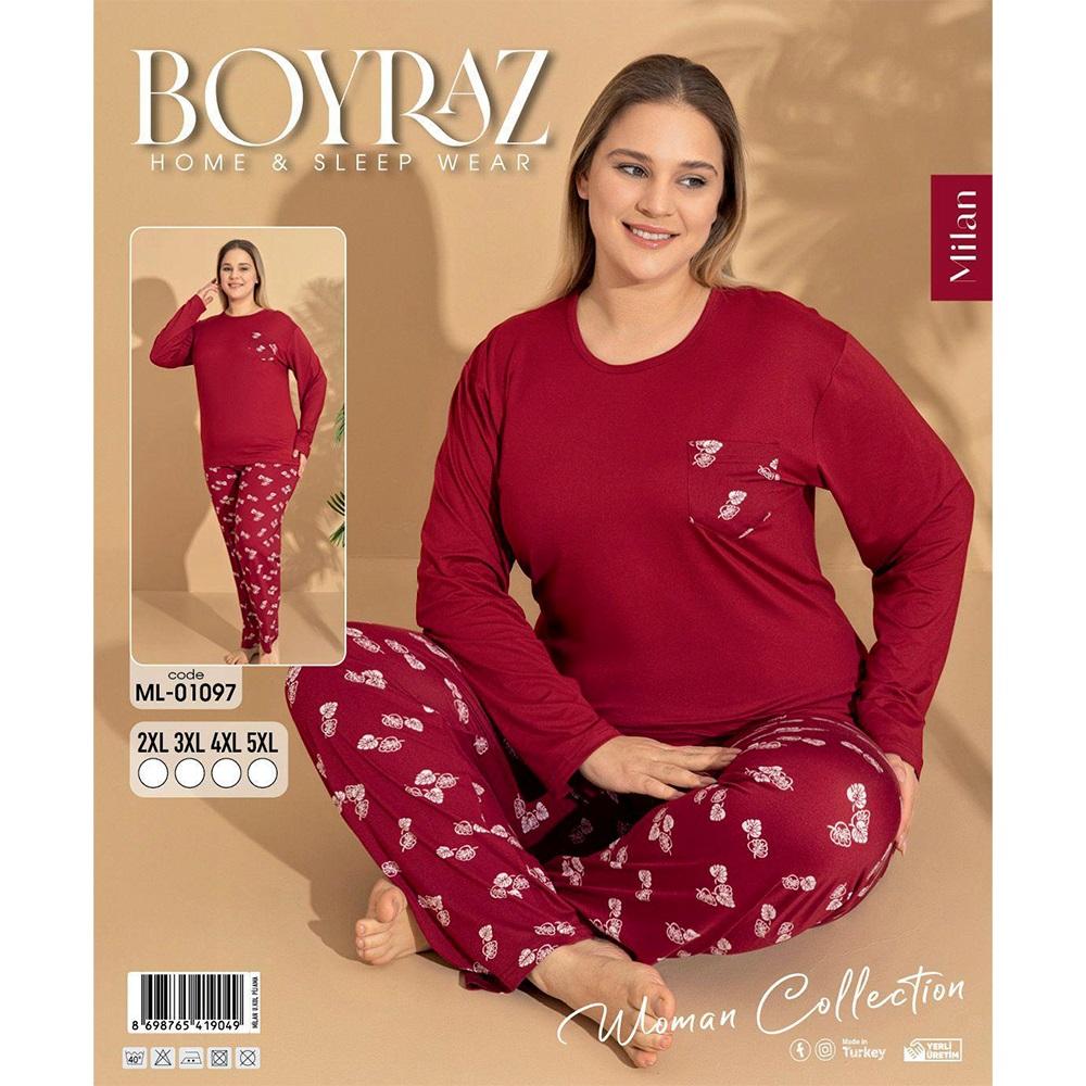 Boyraz Ml-01097 Bayan Milan Battal Desenli Uzun Kollu Pijama Takımı 2XL-5XL