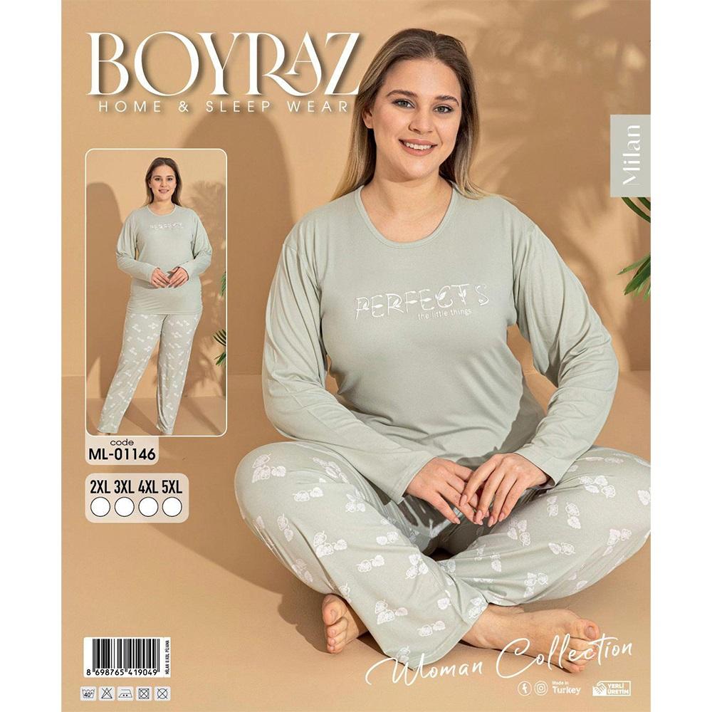 Boyraz Ml-01146 Bayan Milan Battal Desenli Uzun Kollu Pijama Takımı 2XL-5XL