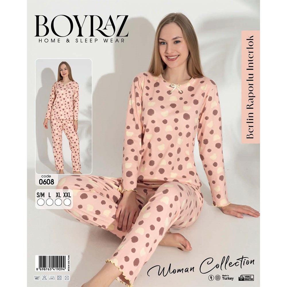 Boyraz 0608 Bayan Berlin Raporlu İntorluk Dantelli Uzun Kollu Pijama Takımı S-2XL - 41149-Karışık Ren-S\M-L-XL-2XL