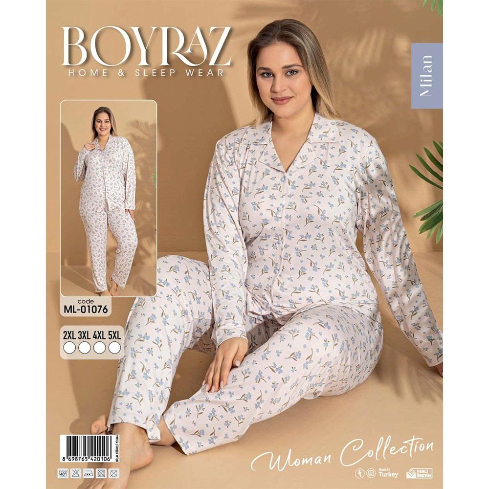 Boyraz Ml-01076 Bayan Battal Milan Desenli Uzun Kollu Ceket Yakalı Pijama Takımı 2XL-5XL