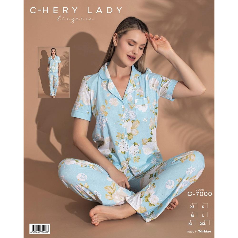 Chery Lady C 7000 Bayan Penye Desenli Kısa Kol Pijama Takım M-2XL