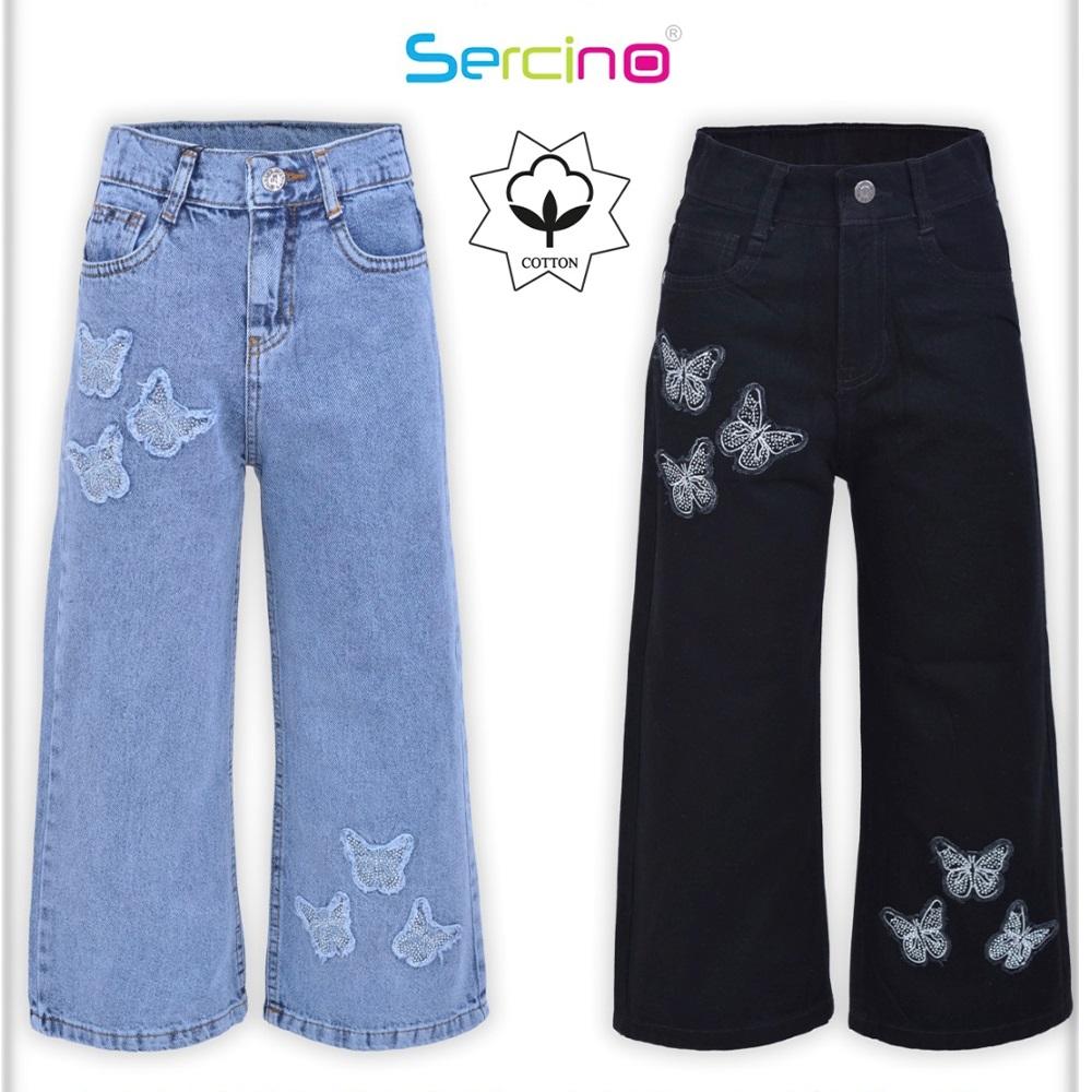 Sercino 57644 Kız Çocuk 3 Kelebek Taşlı Geniş Paça Pamuklu Kot Pantolon 11-15 Yaş