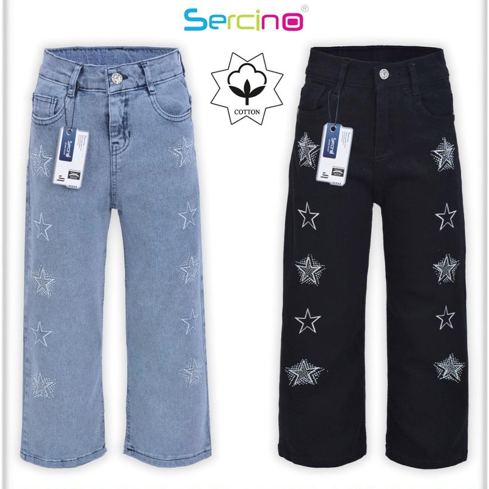 Sercino 57653 Kız Çocuk Taşlı Sıralı Yıldız Baskılı Geniş Paça Pamuklu Kot Pantolon 6-10 Yaş