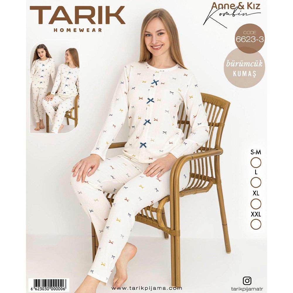 Tarık 6623-3 Bayan Bürümcük Kumaş Fiyonk Baskılı Uzun Kol Pijama Takımı SM-2XL - Karışık Renk - S-M-L-XL-2XL