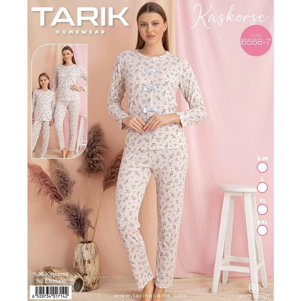Tarık 6558-7 Bayan Kaşkorse Çiçek Baskılı Uzun Kol Pijama Takımı SM-2XL - Karışık Renk - S-M-L-XL-2XL