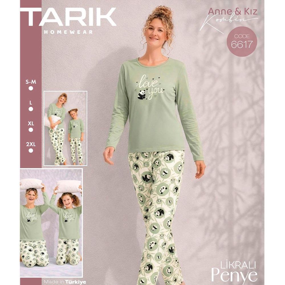 Tarık 6617 Bayan Penye Likralı Love You Panda Baskılı Uzun Kol Pijama Takımı S-2XL