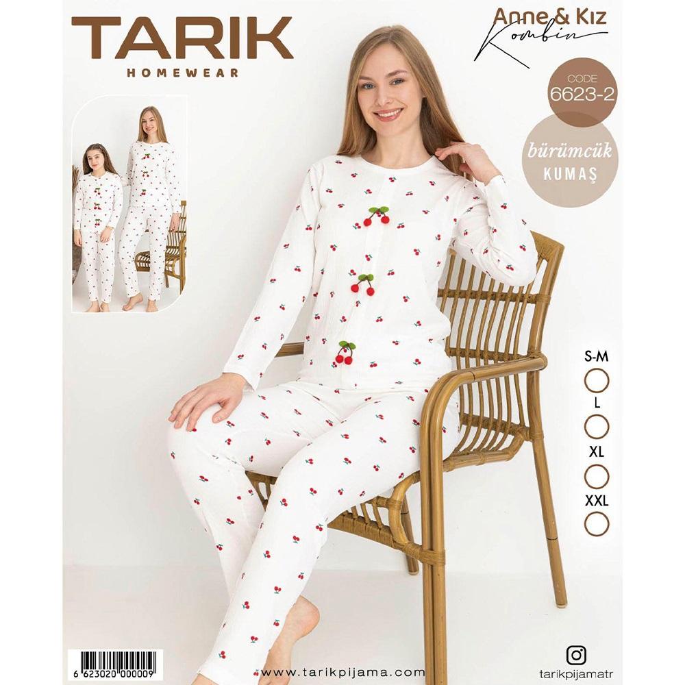 Tarık 6623-2 Bayan Bürümcük Kumaş Kiraz Baskılı Uzun Kol Pijama Takımı SM-2XL