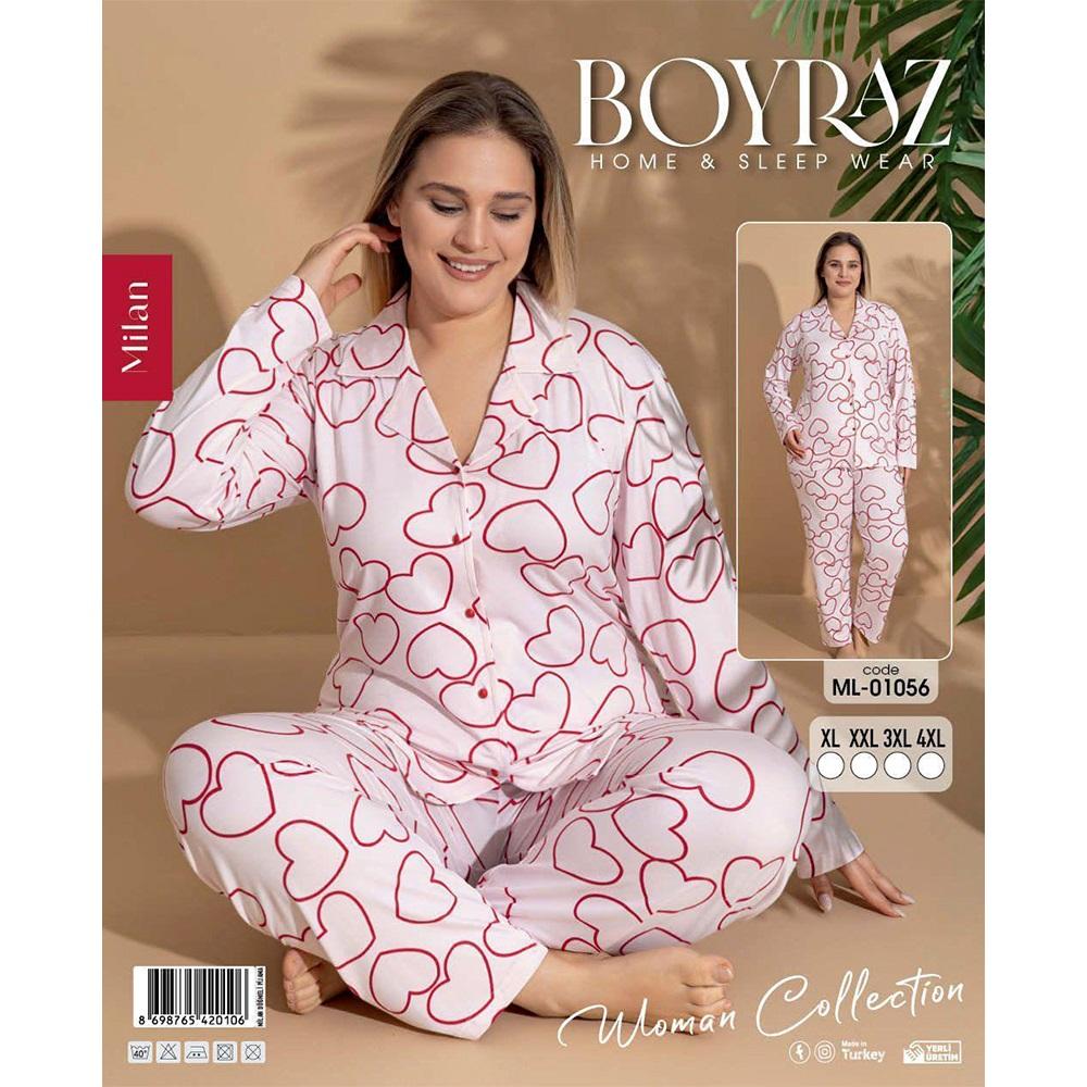 Boyraz Ml-01056 Bayan Battal Milan Desenli Boydan Düğmeli Pijama Takımı 2XL-5XL - Karışık Renk - 2XL-3XL-4XL-5XL