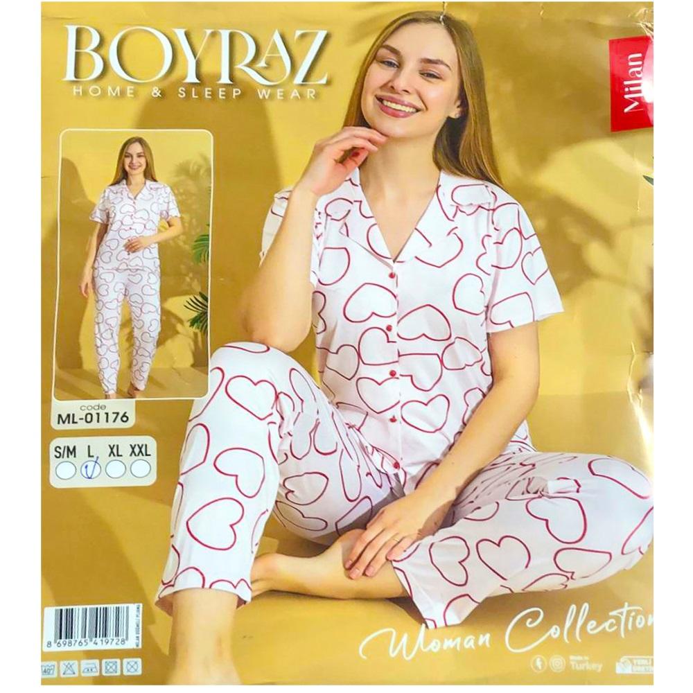 Boyraz Ml-01176 Bayan Milan Desenli Boydan Düğmeli Pijama Takımı S-2XL - Karışık Renk - S-M-L-XL-2XL