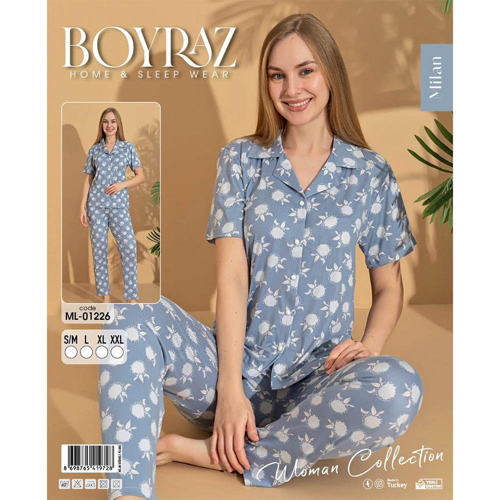 Boyraz Ml-01226 Bayan Milan Desenli Boydan Düğmeli Pijama Takımı S-2XL