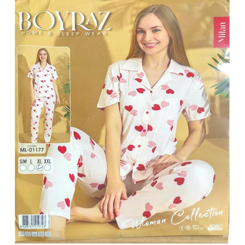 Boyraz Ml-01177 Bayan Milan Desenli Boydan Düğmeli Pijama Takımı S-2XL - Karışık Renk - S-M-L-XL-2XL