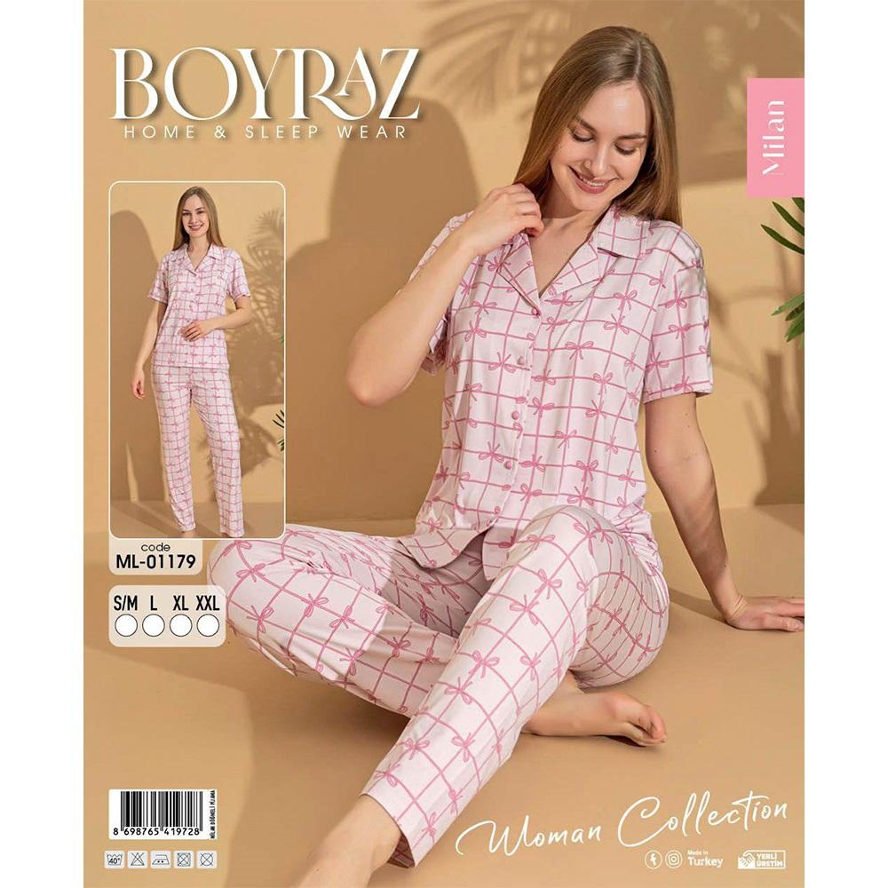 Boyraz Ml-01179 Bayan Milan Desenli Boydan Düğmeli Kısa Kol Pijama Takımı S-2XL - Karışık Renk - S-M-L-XL-2XL