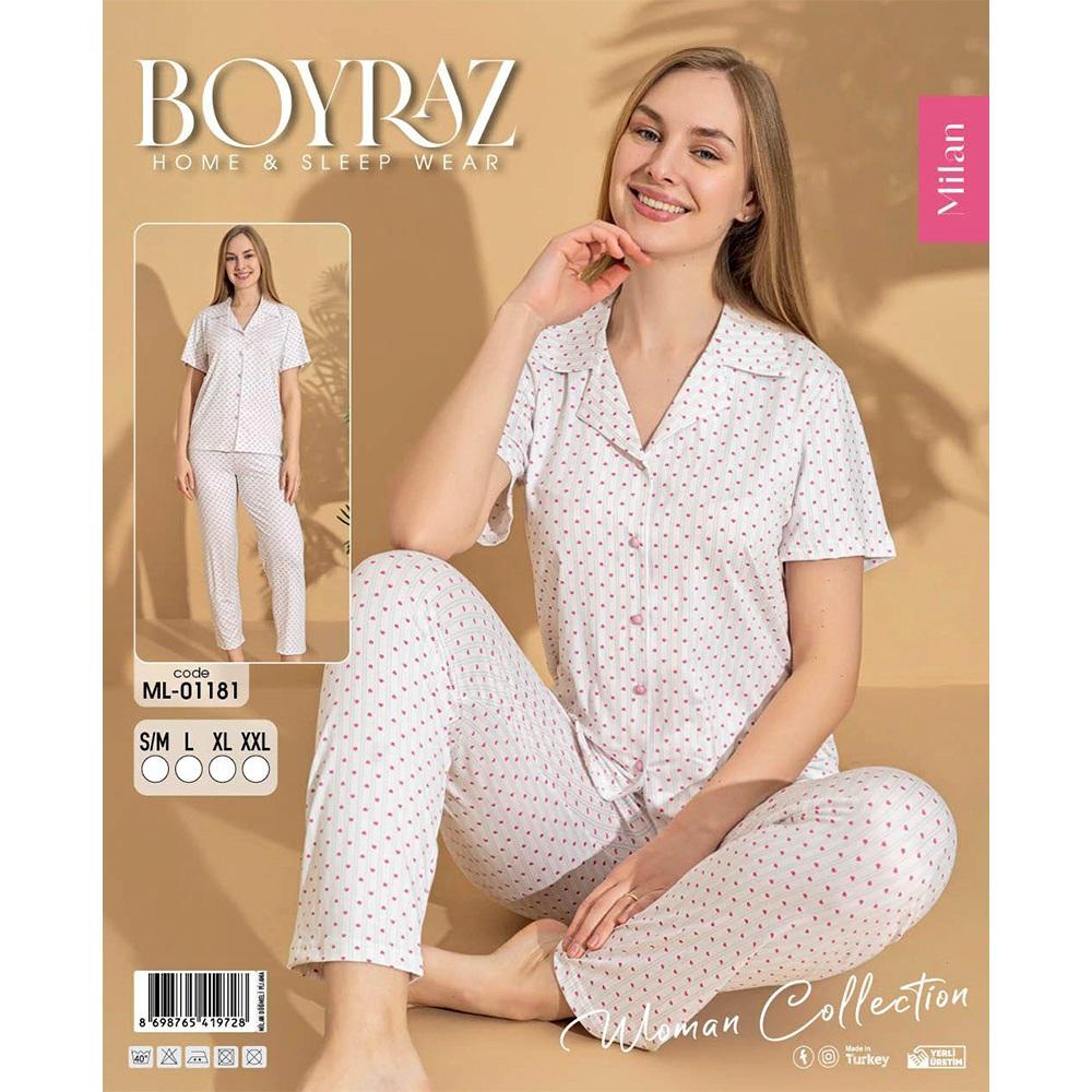 Boyraz Ml-01181 Bayan Milan Desenli Boydan Düğmeli Kısa Kol Pijama Takımı S-2XL