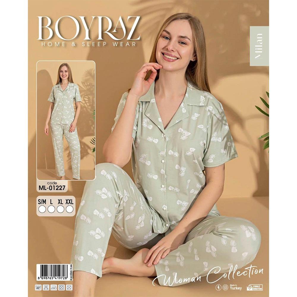 Boyraz Ml-01227 Bayan Milan Desenli Boydan Düğmeli Kısa Kol Pijama Takımı S-2XL