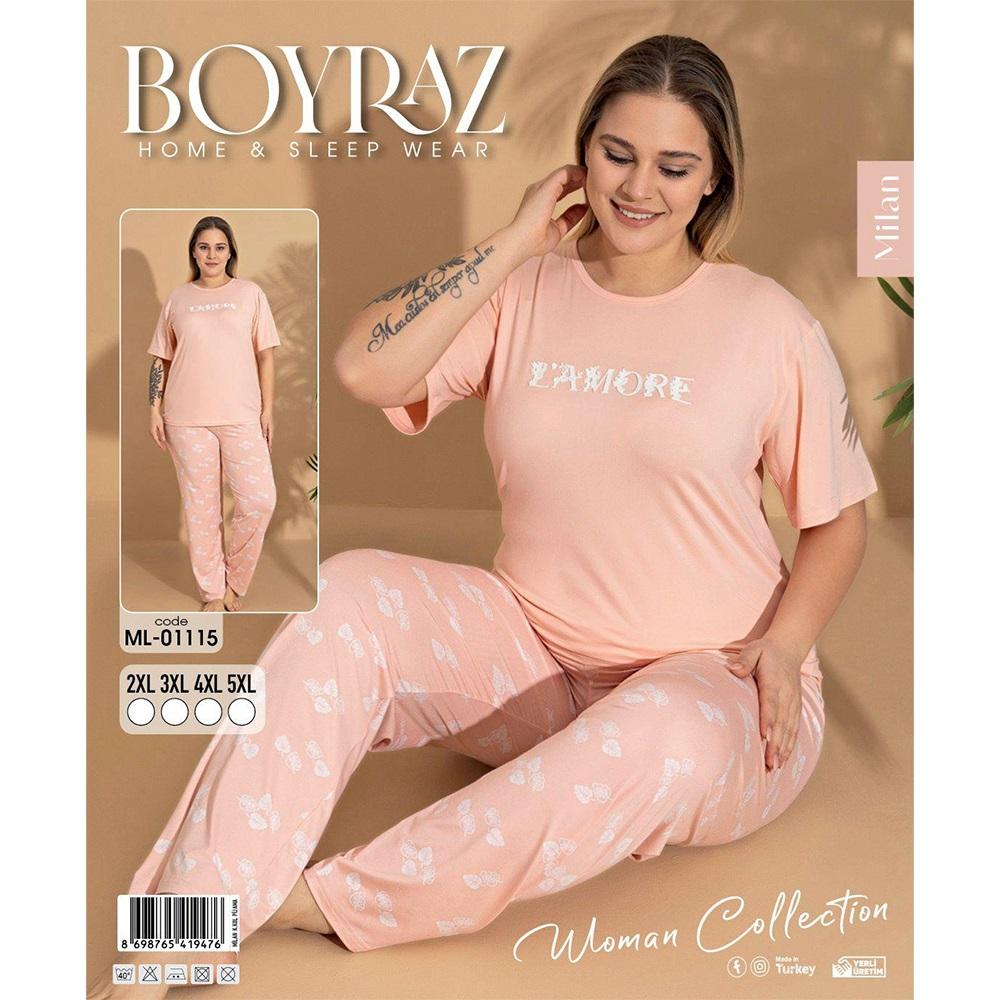 Boyraz Ml-01115 Bayan Battal Milan Desenli Kısa Kol Pijama Takımı 2XL-5XL - Karışık Renk - 2XL-3XL-4XL-5XL