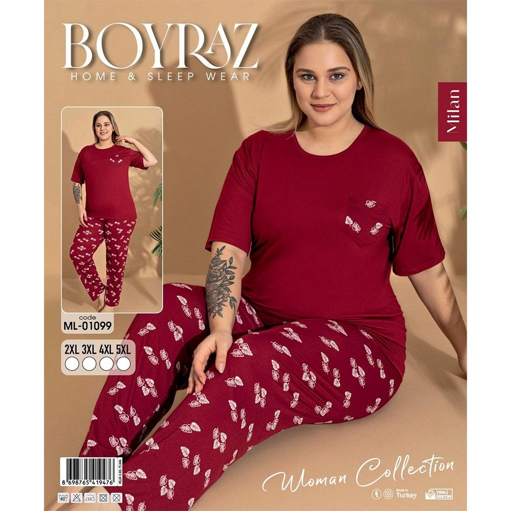 Boyraz Ml-01099 Bayan Battal Milan Desenli Kısa Kol Pijama Takımı 2XL-5XL - Karışık Renk - 2XL-3XL-4XL-5XL