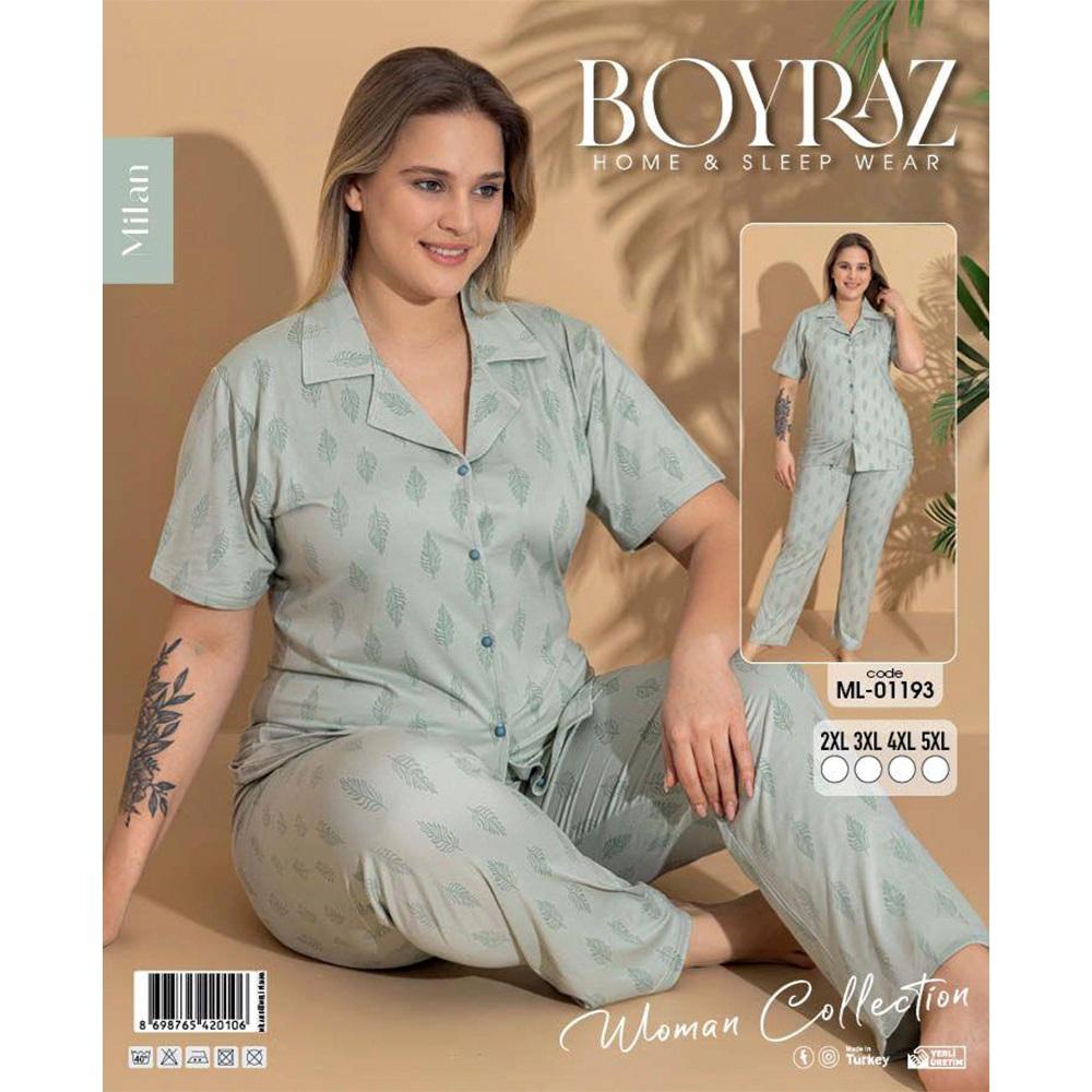 Boyraz Ml-01193 Bayan Battal Milan Desenli Boydan Düğmeli Kısa Kol Pijama Takımı 2XL-5XL - Karışık Renk - 2XL-3XL-4XL-5XL