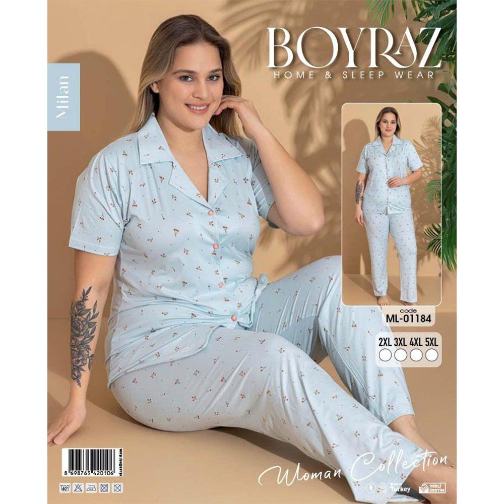 Boyraz Ml-01184 Bayan Battal Milan Desenli Boydan Düğmeli Kısa Kol Pijama Takımı 2XL-5XL - Karışık Renk - 2XL-3XL-4XL-5XL