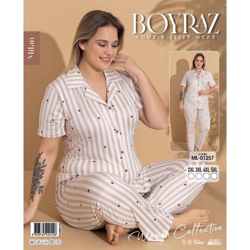 Boyraz Ml-01257 Bayan Battal Milan Desenli Boydan Düğmeli Kısa Kol Pijama Takımı 2XL-5XL