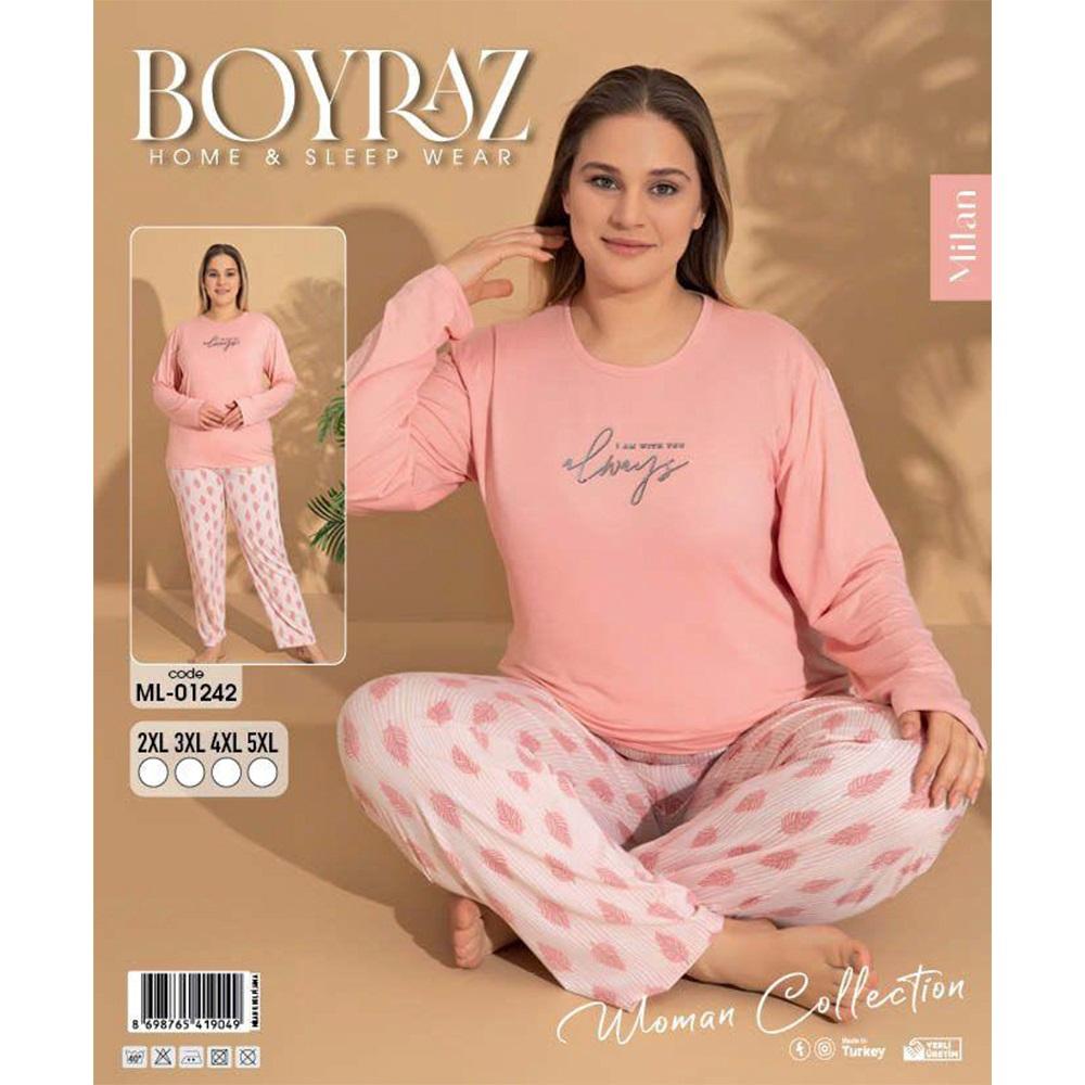 Boyraz Ml-1242 Bayan Battal Milan Desenli Uzun Kol Pijama Takımı 2XL-5XL - Karışık Renk - 2XL-3XL-4XL-5XL